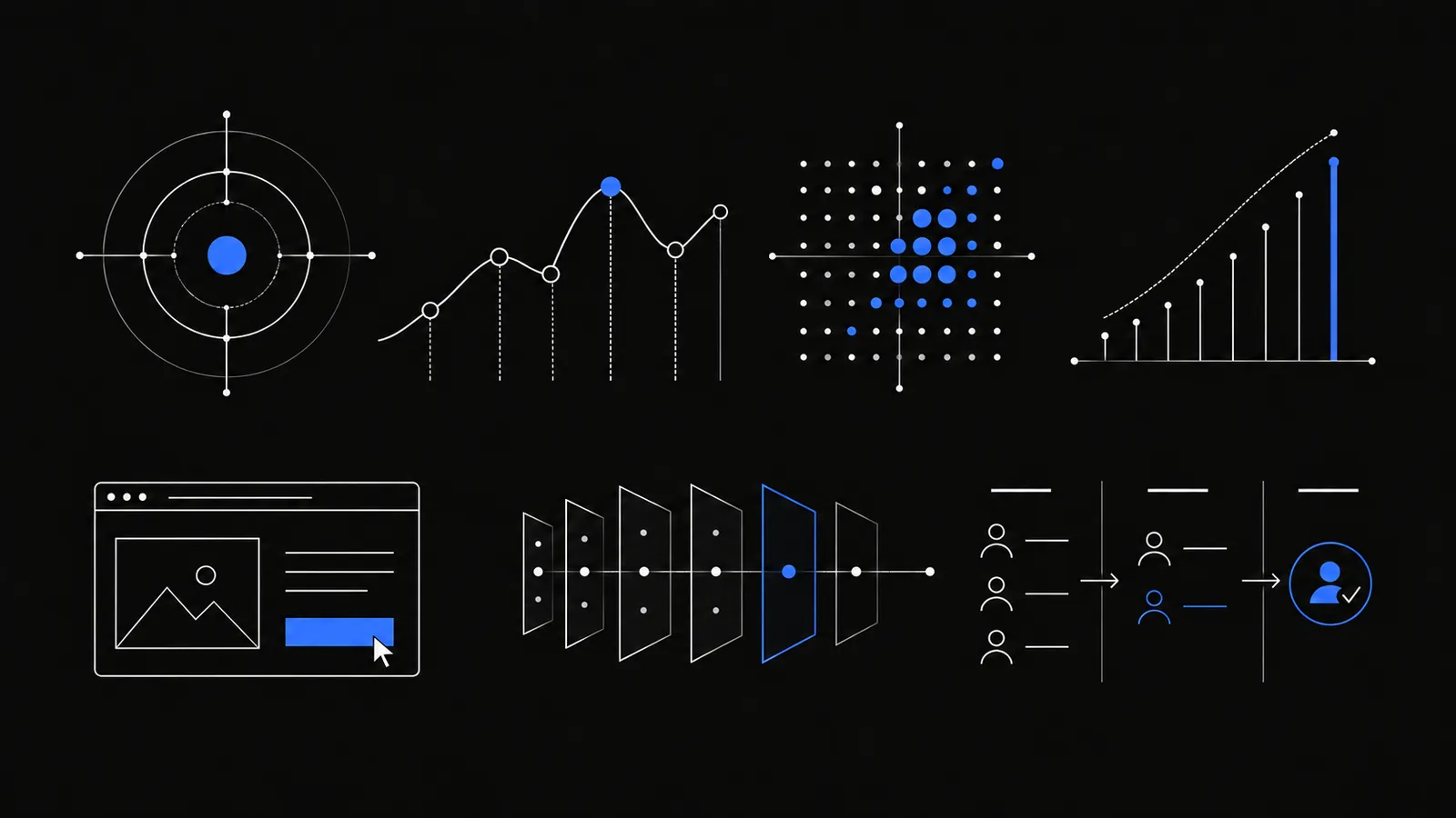 Ilustración de siete iconos de línea en blanco y azul sobre fondo negro, uno por cada punto de la revisión: una diana, una curva de datos, una rejilla de puntos, un gráfico de barras, una página web, capas de catálogo y un embudo de contactos.
